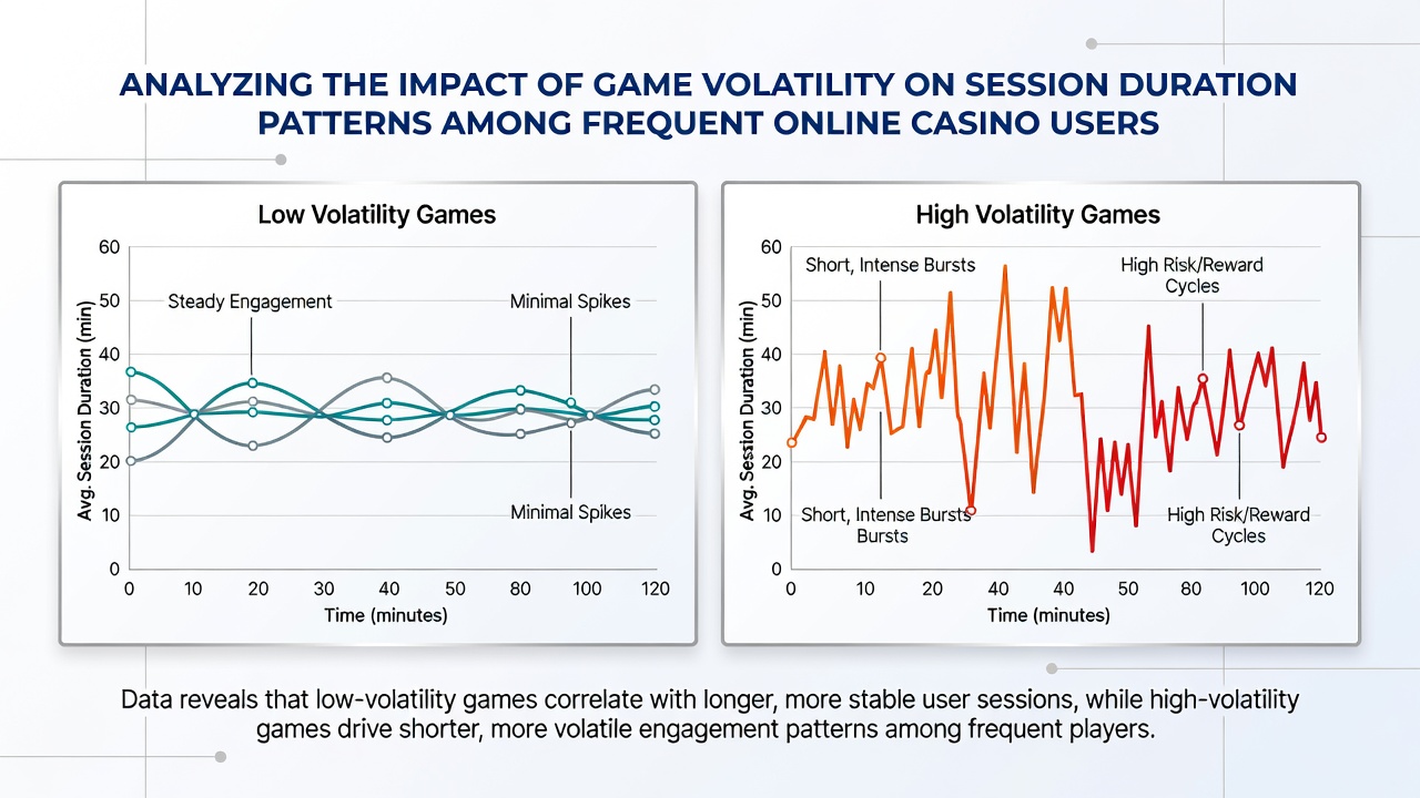 Infographic illustrating average session times for low, medium, and high volatility games among frequent players
