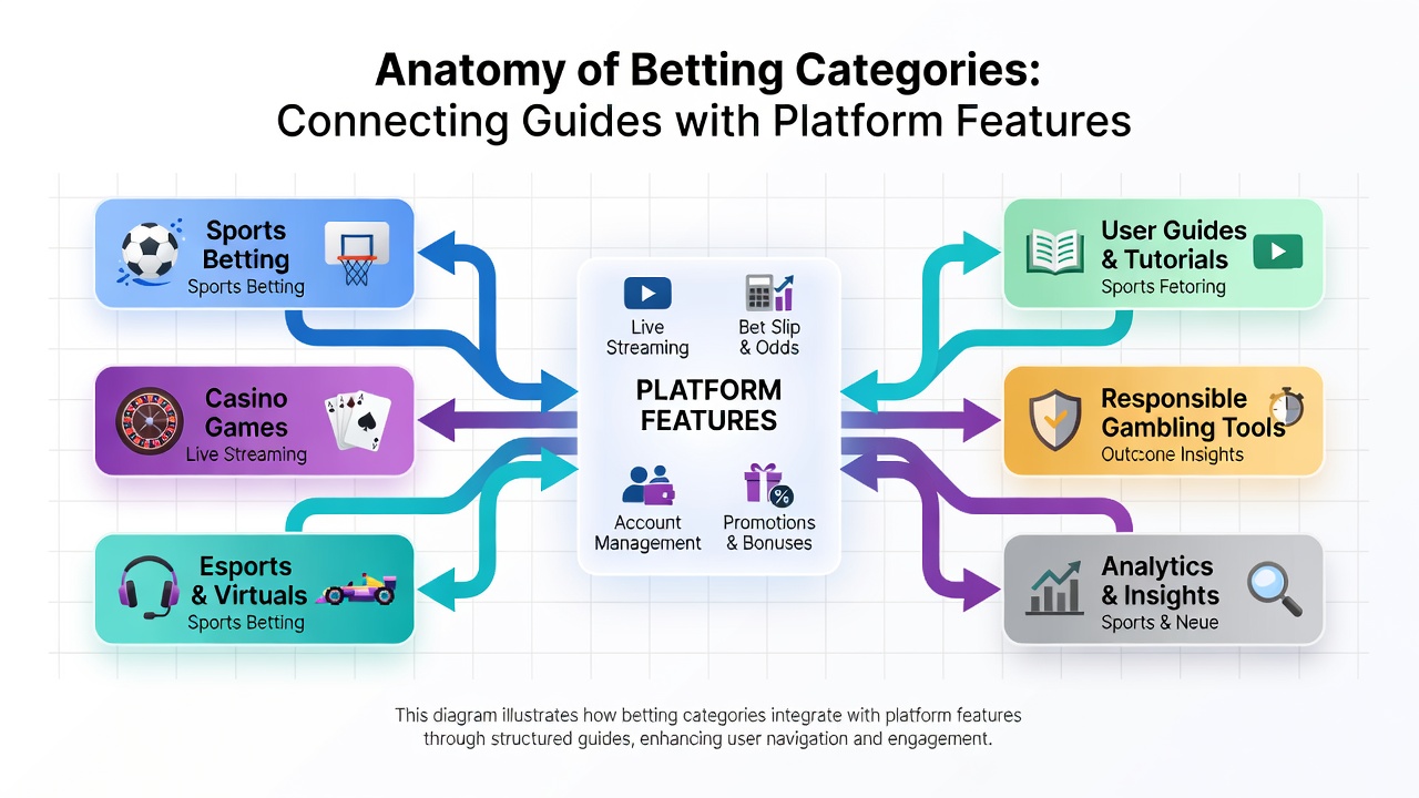 Screenshot of a betting platform interface highlighting category filters next to an open guide panel explaining the same options