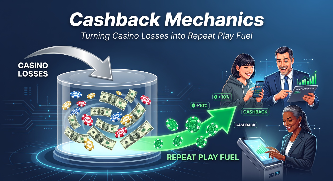 Vibrant graphic showing casino chips transforming into cashback rewards, illustrating loss recovery mechanics