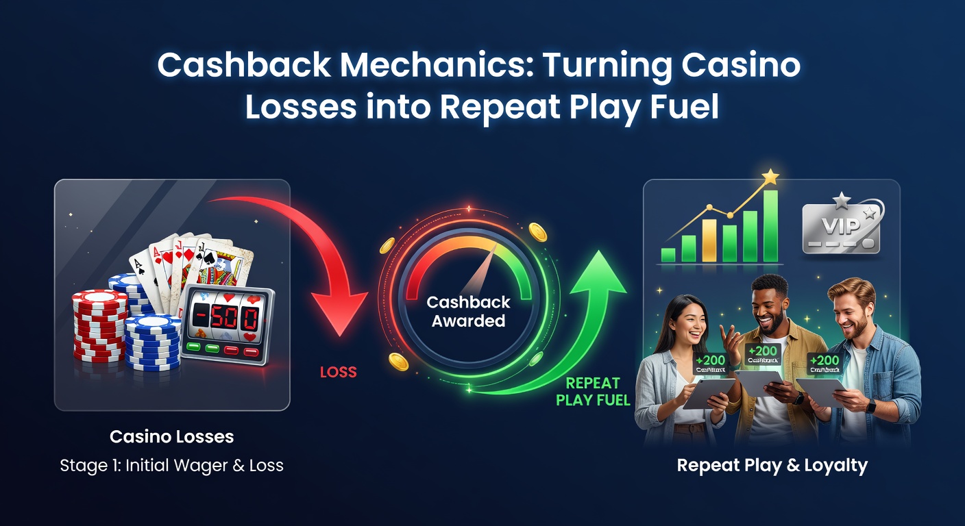 Infographic depicting cashback cycle: losses feed into rebates, rebates drive more play, looping back to retention metrics