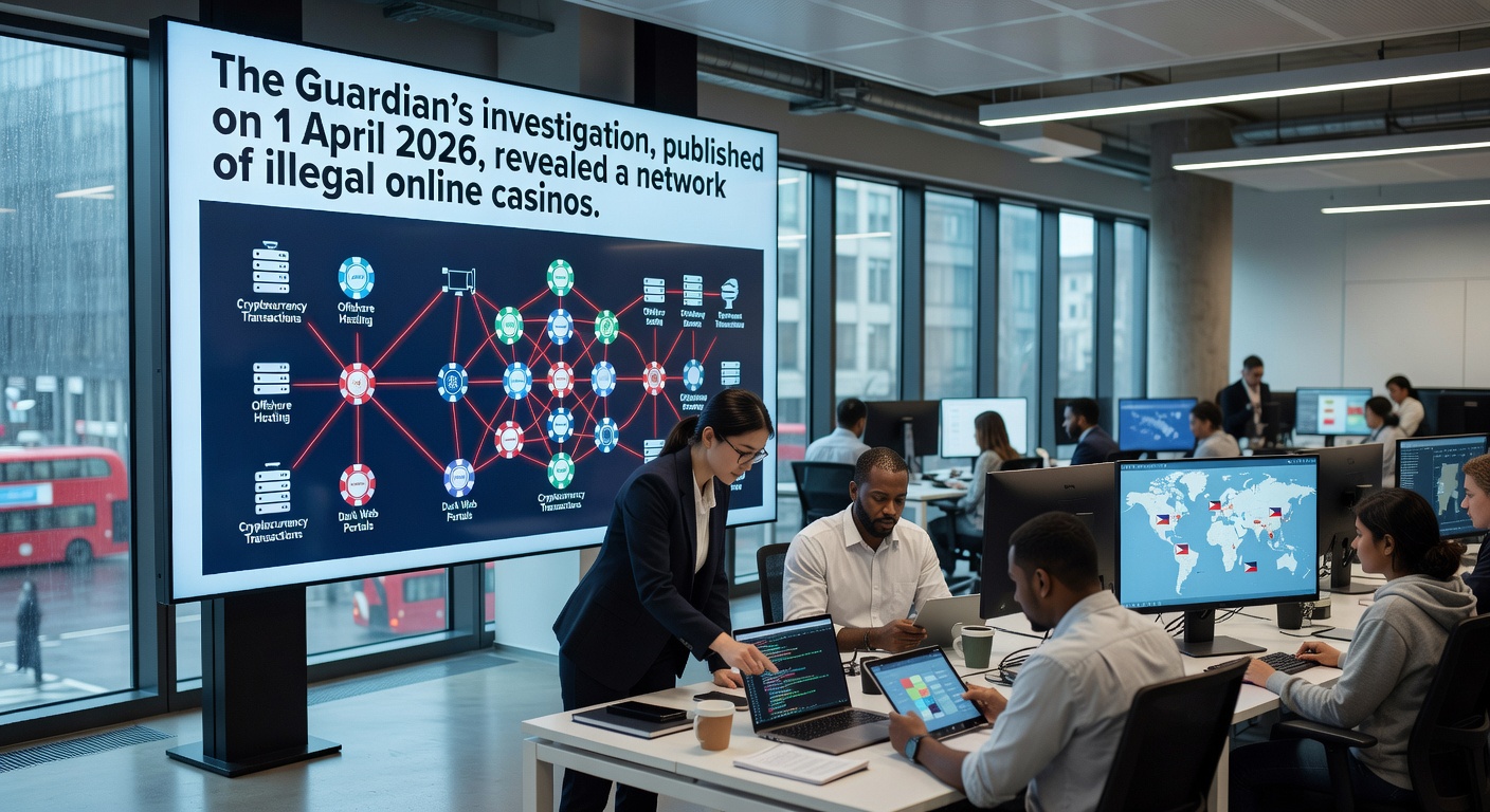 Graph showing monthly UK visitor traffic to unlicensed casinos from late 2025 to early 2026, with peaks at 2.3 million uniques and overlaid icons of warning symbols and self-exclusion barriers