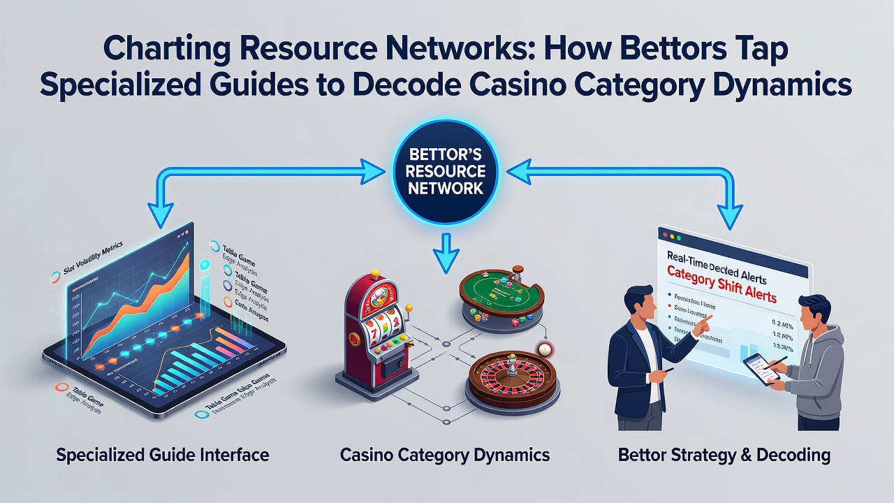 Network diagram illustrating how bettors connect guides, databases, and community resources for casino category analysis