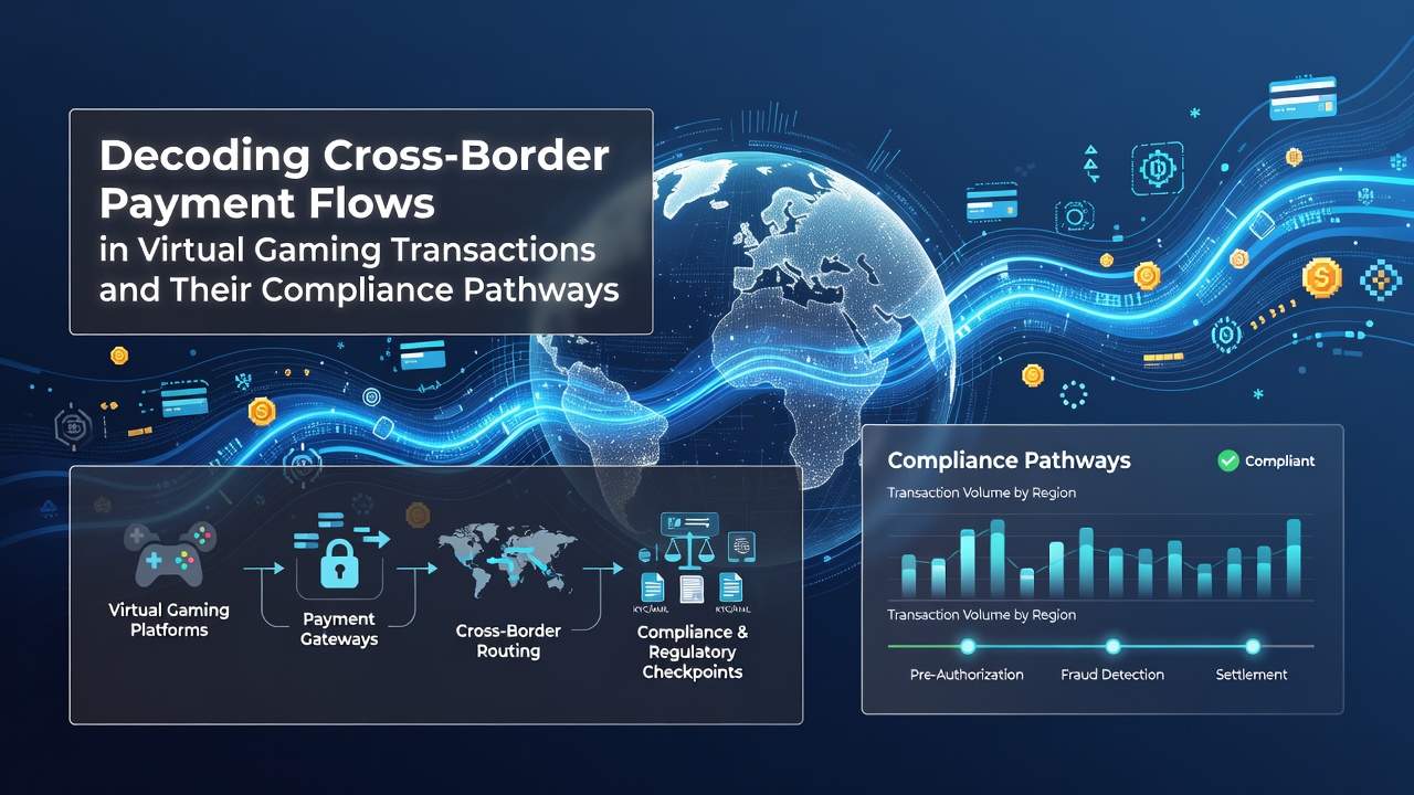 Illustration of compliance monitoring systems tracking international virtual gaming transactions