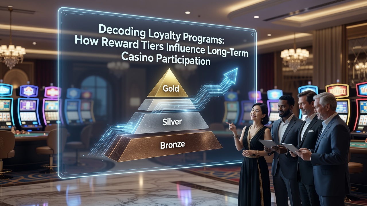 Casino loyalty program tiers displayed on a digital screen with player cards and reward icons