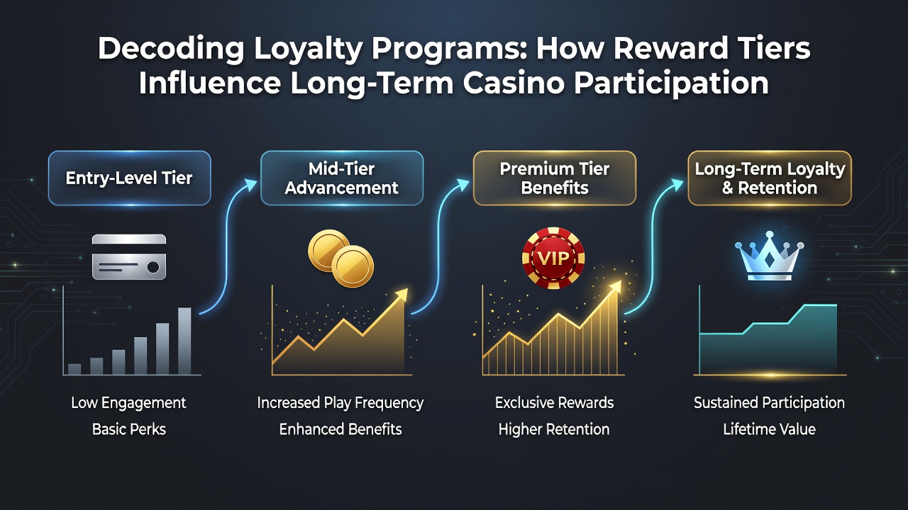 Players reviewing tier benefits at a casino rewards desk with digital displays showing point balances