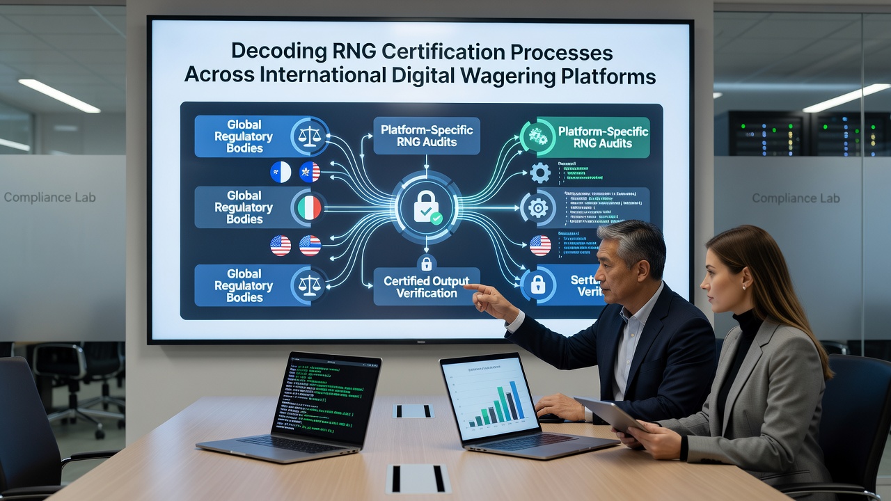 Laboratory technicians analyzing statistical outputs during RNG certification for online wagering systems