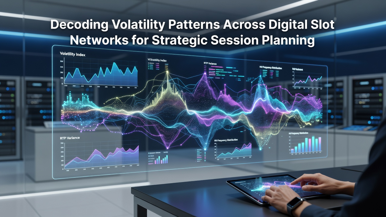 Digital slot network interface displaying volatility metrics and session planning tools