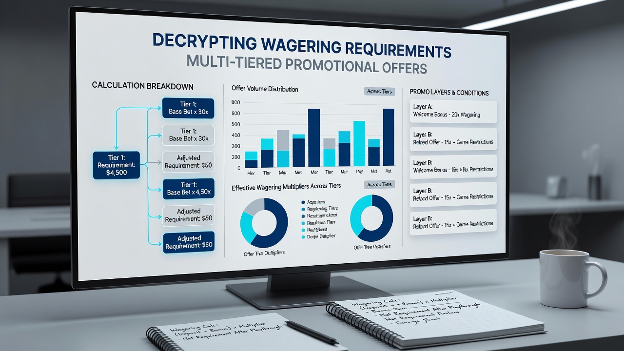 Detailed chart showing step-by-step wagering calculation for a multi-tier bonus with deposit match and free spins layers
