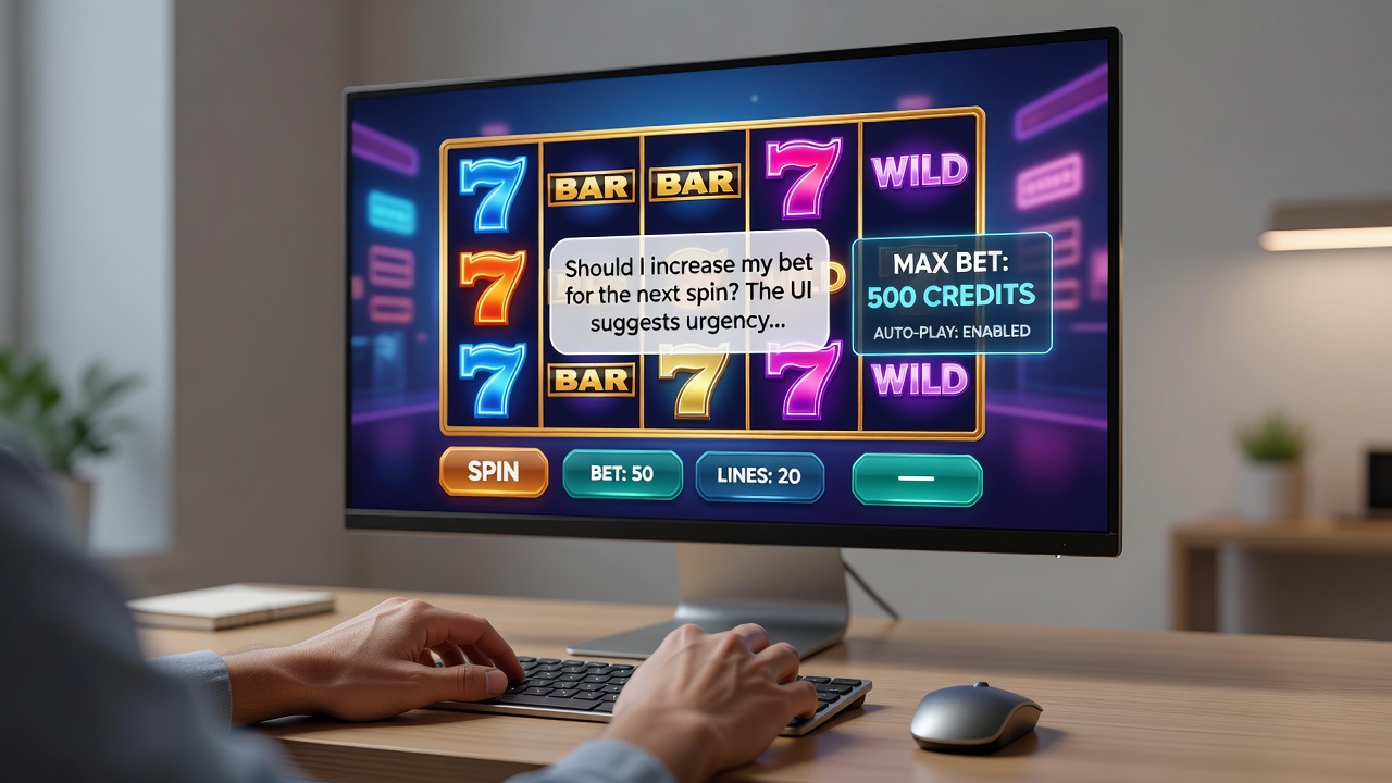 Screenshot of a remote slot game interface showing button layouts, color schemes, and reel animations that guide player interactions