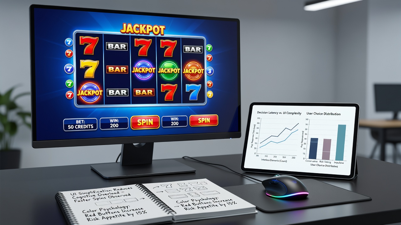 Close-up view of slot game controls including spin button, bet adjusters, and information overlays that affect how players evaluate options