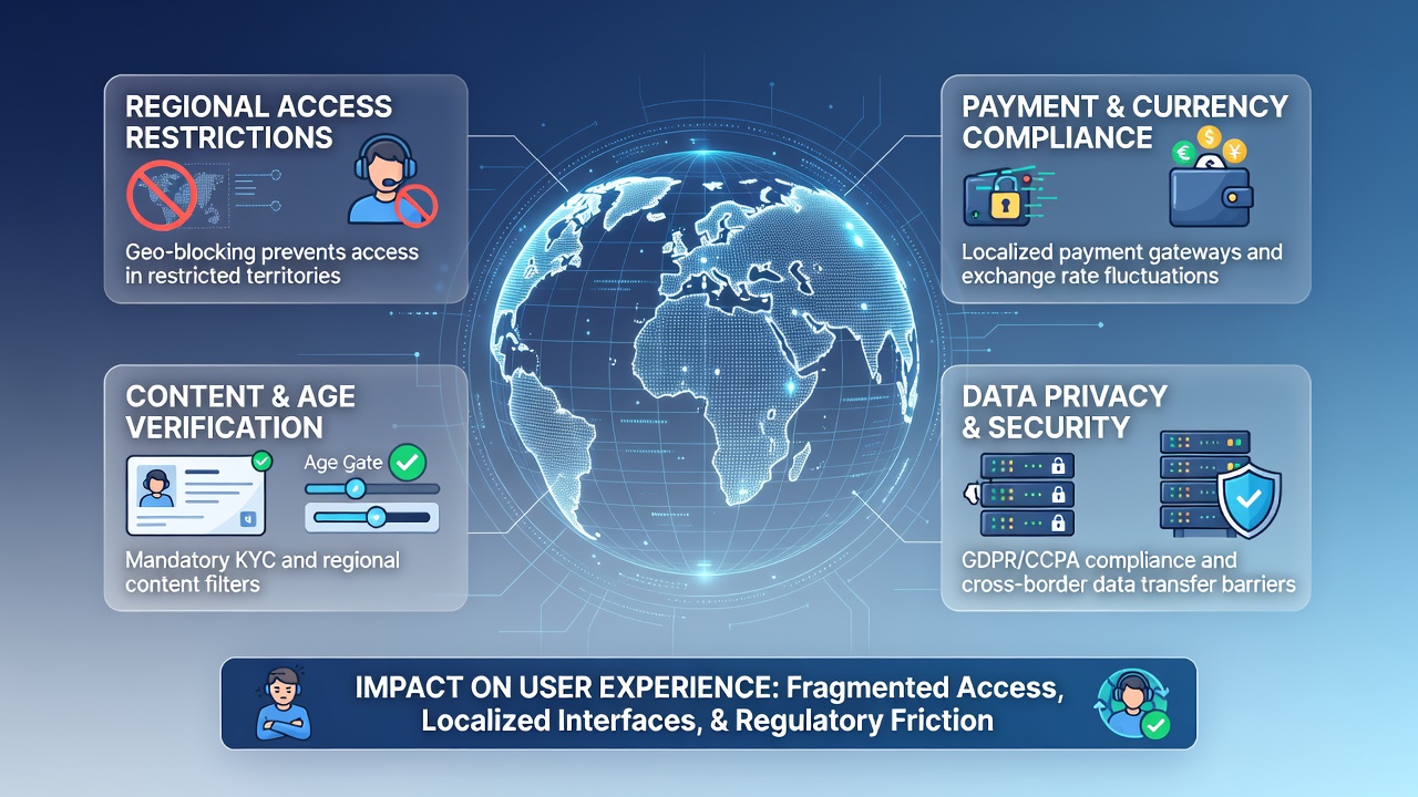 Split-screen view of gaming interface elements restricted or modified under different international regulations