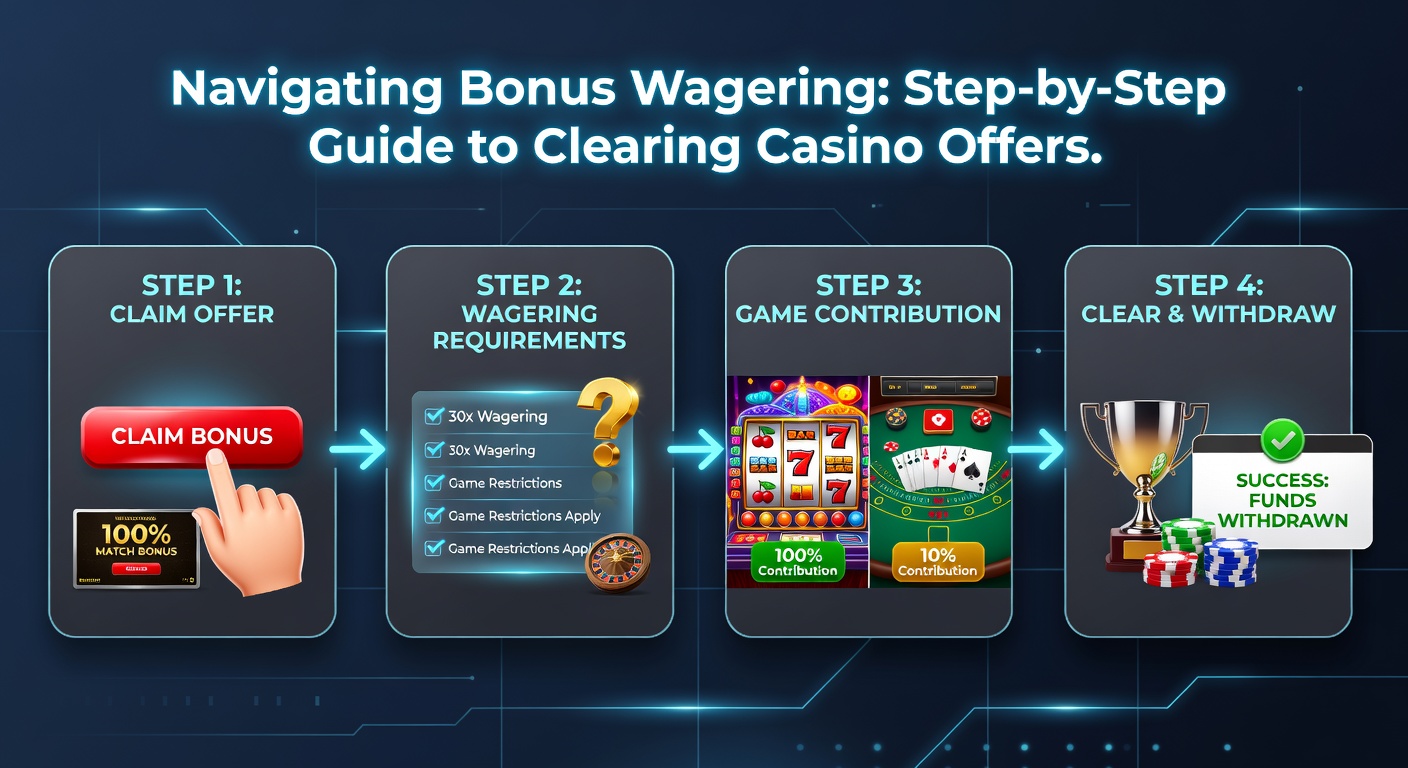 Visual guide showing a player navigating through casino bonus wagering stages, from signup to cashout