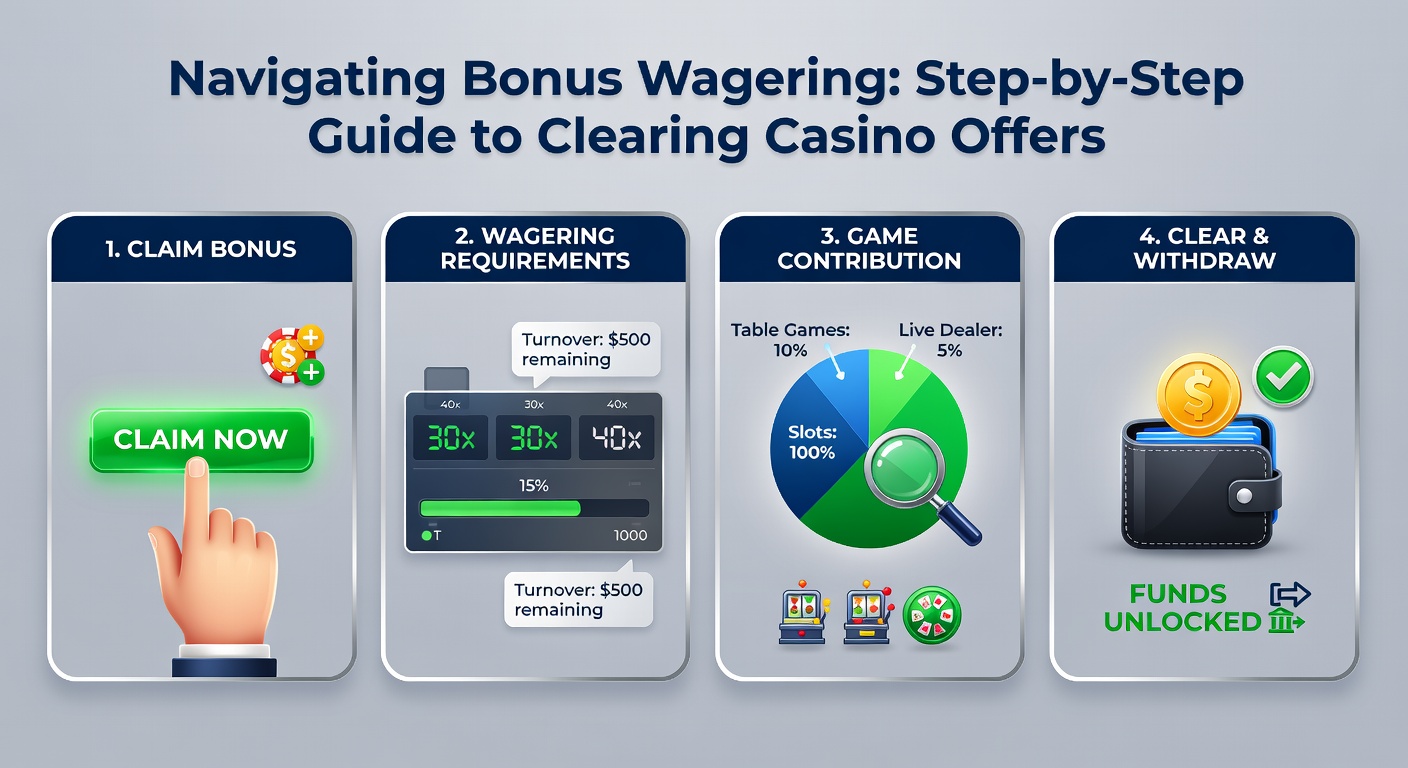 Detailed infographic breaking down wagering calculations, game contributions, and progress tracking for casino bonuses
