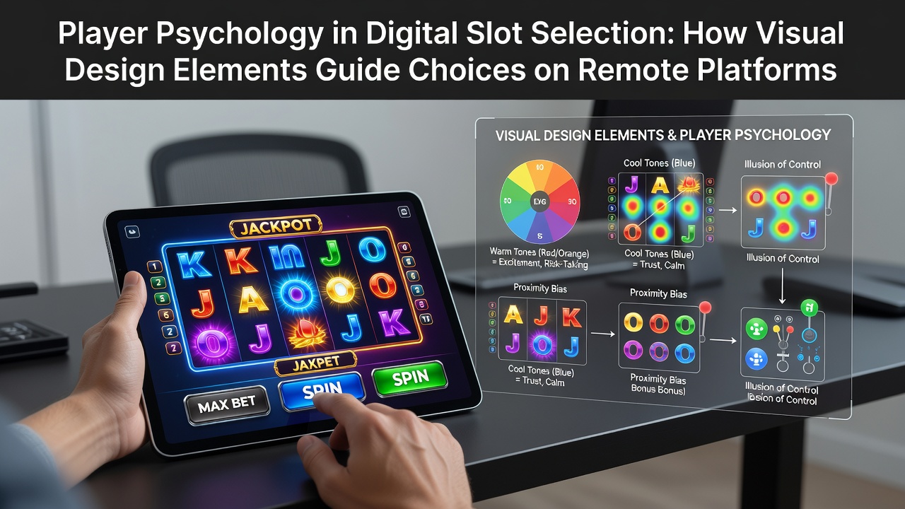 Visual design elements including color schemes, animations and symbol layouts on a digital slot interface