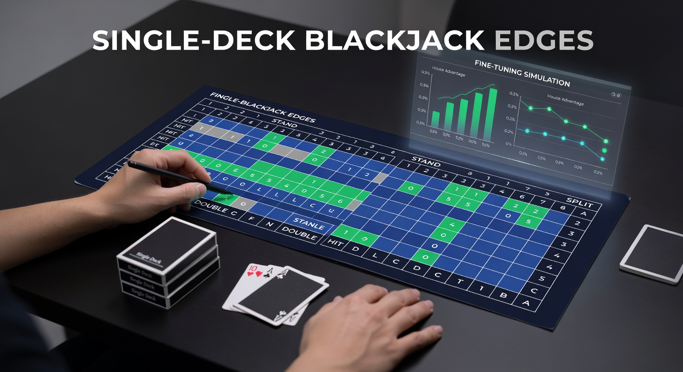 Close-up of a single-deck blackjack table with strategy chart overlay highlighting key player decisions