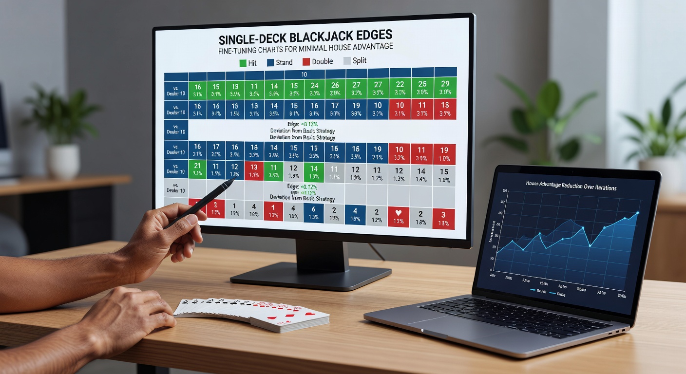 Detailed single-deck blackjack strategy chart displaying hit, stand, double, and split decisions across player hands versus dealer upcards