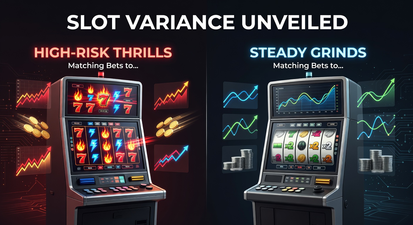 Colorful slot machine reels spinning with high and low variance symbols highlighting risk levels