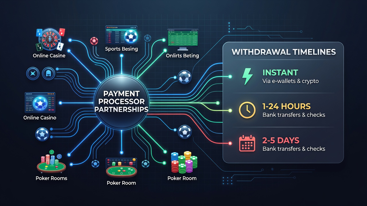 Network diagram showing payment processor connections to digital gambling platforms wth timeline indicators