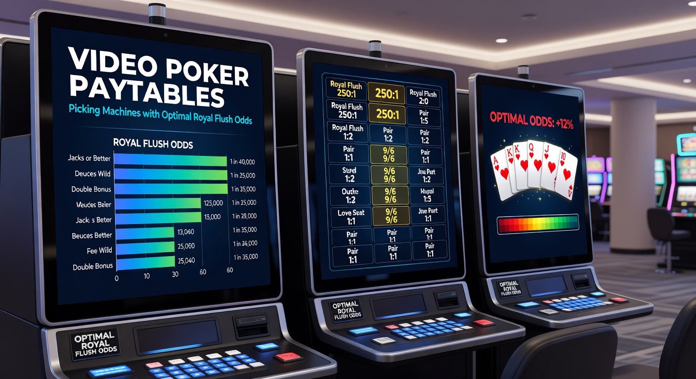 Close-up of a video poker machine screen displaying a royal flush hand with glowing jackpot lights and payout table visible in the background