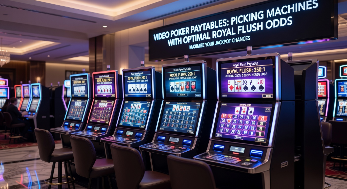 Video poker paytable chart on a machine, highlighting royal flush row with 250, 500, 750, 1000, 4000 payouts across coin bets, surrounded by casino floor lights